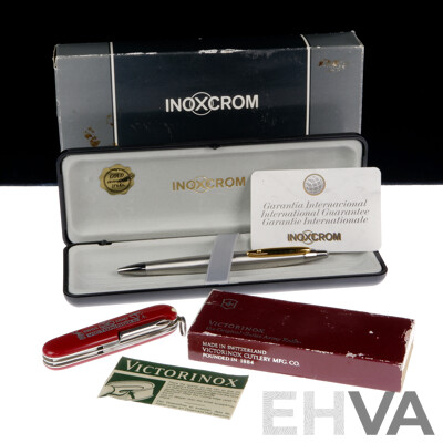 Inoxcrom Executive Ballpoint Pen with Gold Plated Clip and Boxed Victorinox Swiss Army Knife