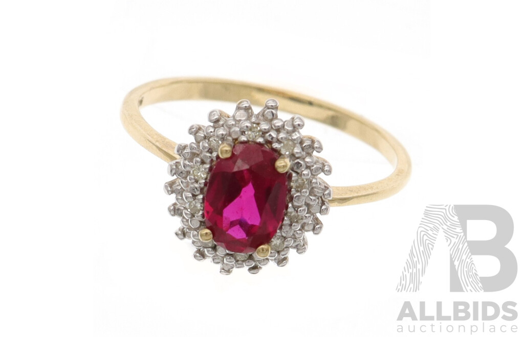 9ct Diamond & Lab Ruby Ring, Est TDW 0.12ct, Size O, 2.17 Grams