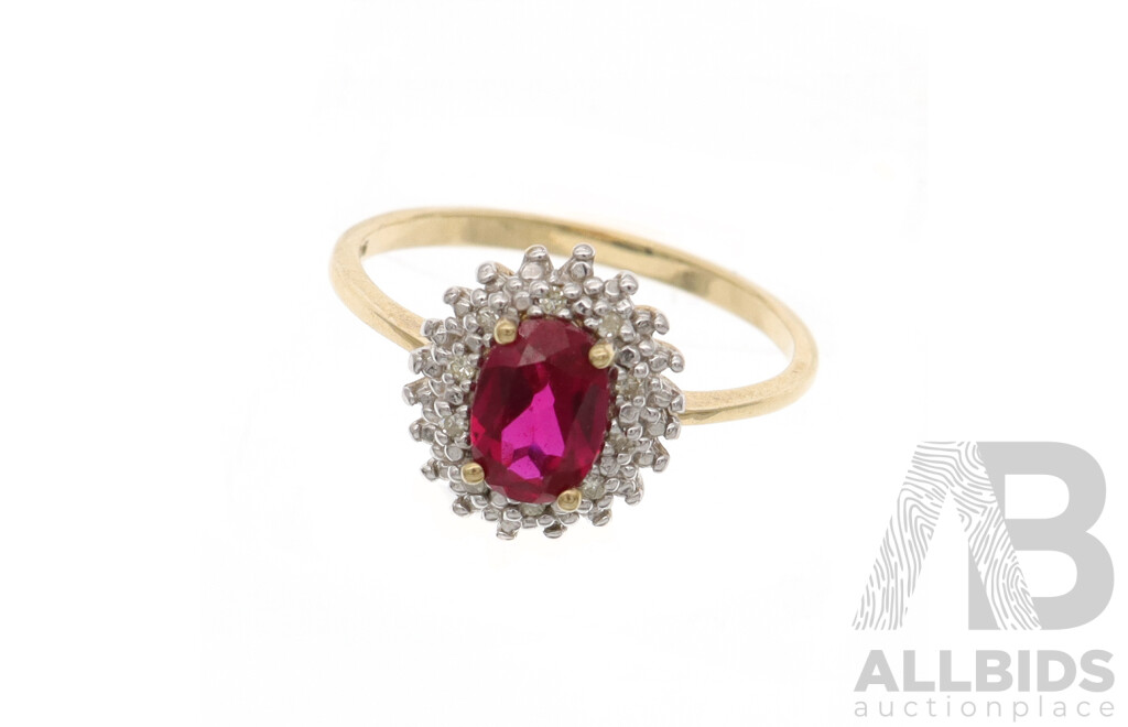 9ct Diamond & Lab Ruby Ring, Est TDW 0.12ct, Size O, 2.17 Grams