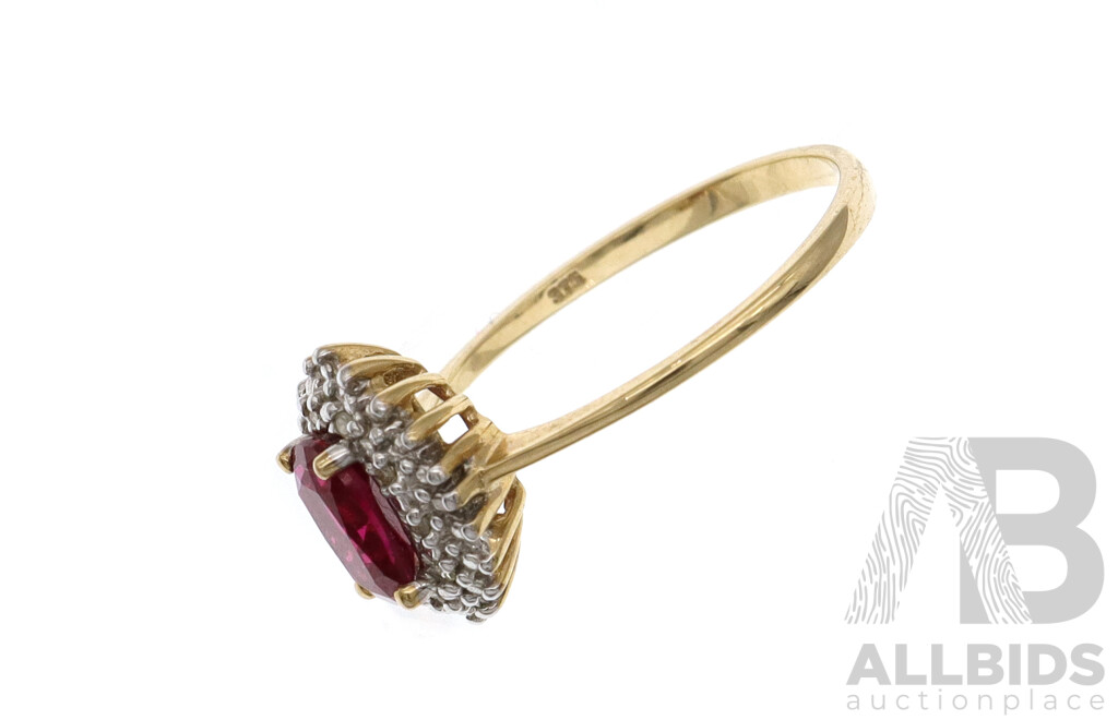 9ct Diamond & Lab Ruby Ring, Est TDW 0.12ct, Size O, 2.17 Grams