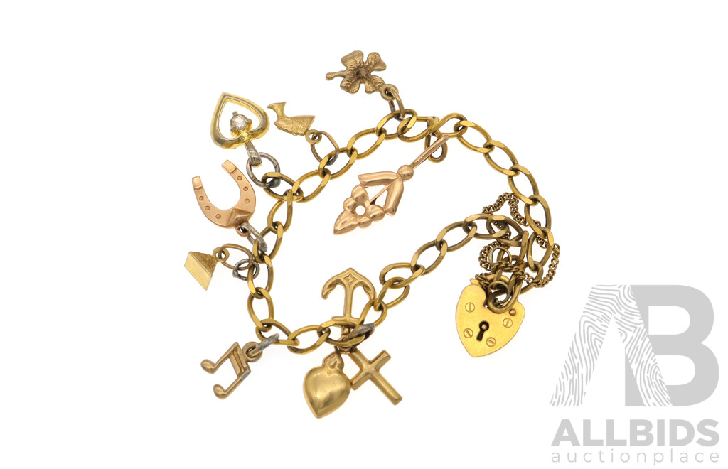 9ct Charm Bracelet with Eight (8) Charms, 18cm, 11.84 Grams