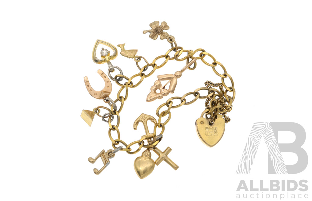 9ct Charm Bracelet with Eight (8) Charms, 18cm, 11.84 Grams