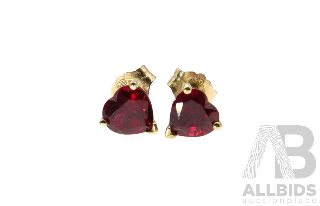 9ct Created Ruby Heart Shaped Stud Earrings, A&C, 5.5mm, 0.70 Grams