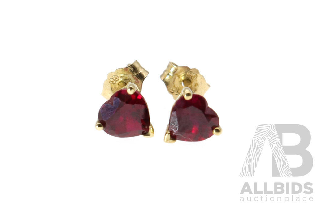 9ct Created Ruby Heart Shaped Stud Earrings, A&C, 5.5mm, 0.70 Grams