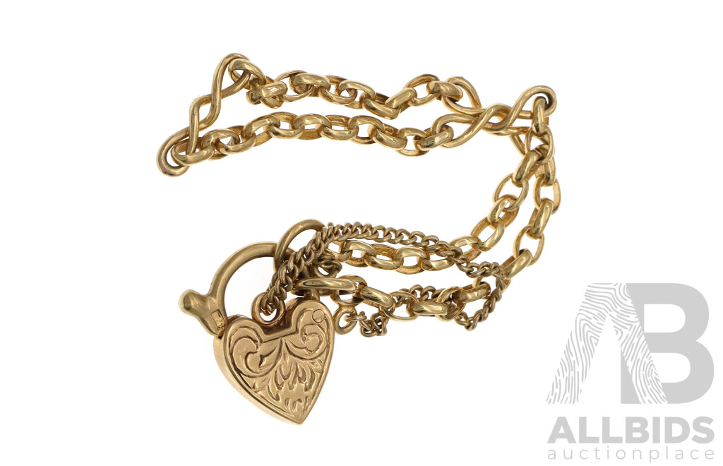 9ct Vintage Oval Belcher Link Heart Shaped Padlock Bracelet, with Fixed Infinity Symbol, 17cm, 7.62 Grams