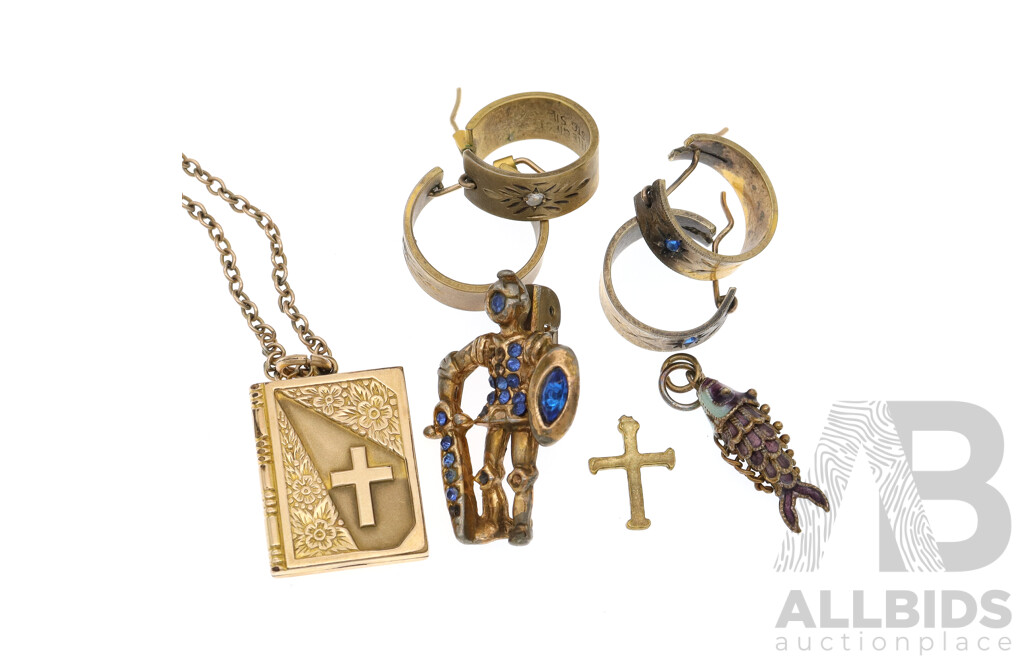 Vintage 1/10 9ct Gold Filled Bible Locket on 45cm Chain with Vintage Brooch, (2) Pairs Gold Plated Gypsy Earrings and Charms