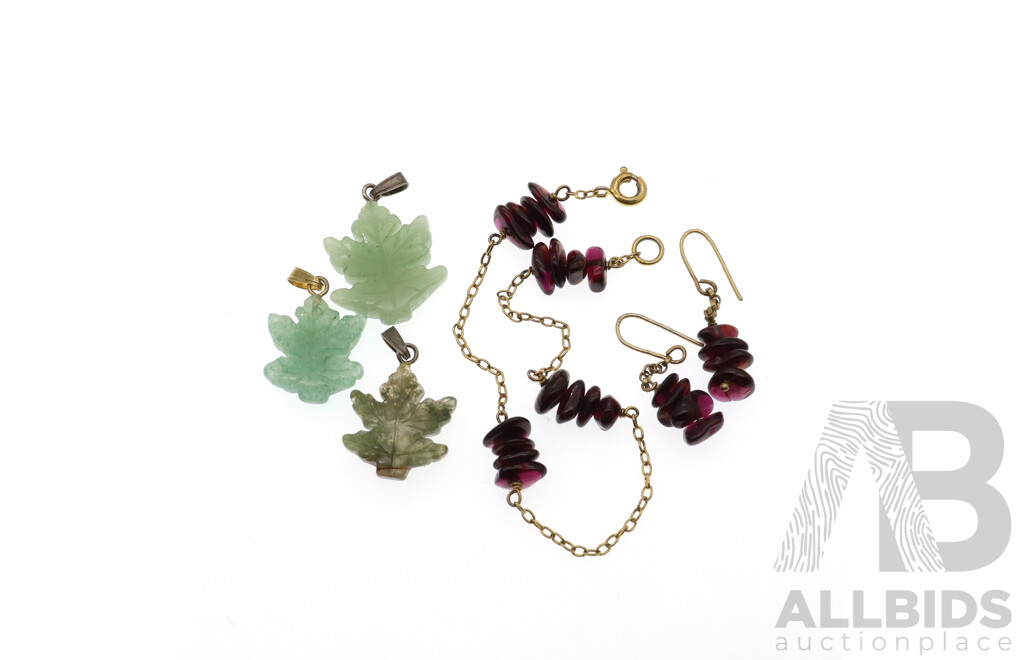 Vintage Sterling Silver Gold Tone Garnet Bracelet with Matching Earrings and (3) Carved Jade Maple Leaf Pendants