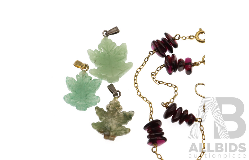 Vintage Sterling Silver Gold Tone Garnet Bracelet with Matching Earrings and (3) Carved Jade Maple Leaf Pendants