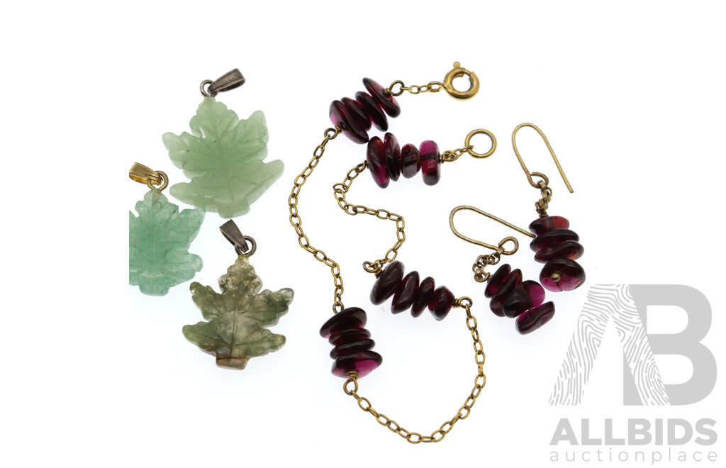 Vintage Sterling Silver Gold Tone Garnet Bracelet with Matching Earrings and (3) Carved Jade Maple Leaf Pendants