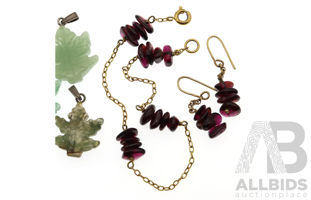 Vintage Sterling Silver Gold Tone Garnet Bracelet with Matching Earrings and (3) Carved Jade Maple Leaf Pendants