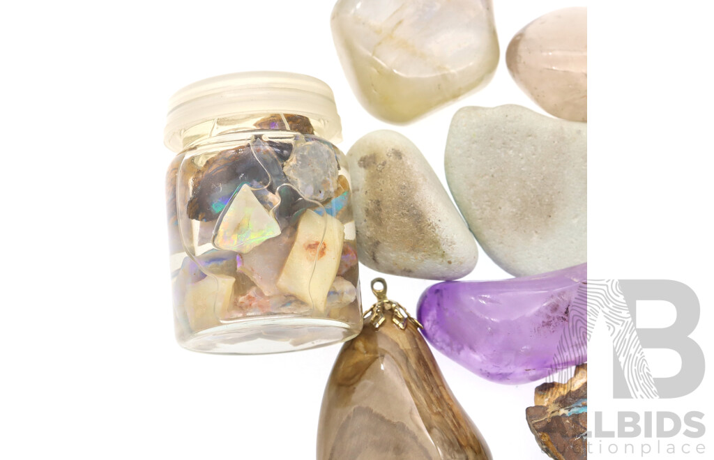 Small 35mm Vial of Natural Opal Pieces with Vibrant Colour and Small Bag of Other Polished Gemstones