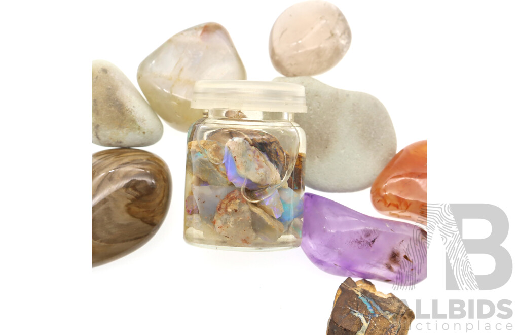 Small 35mm Vial of Natural Opal Pieces with Vibrant Colour and Small Bag of Other Polished Gemstones