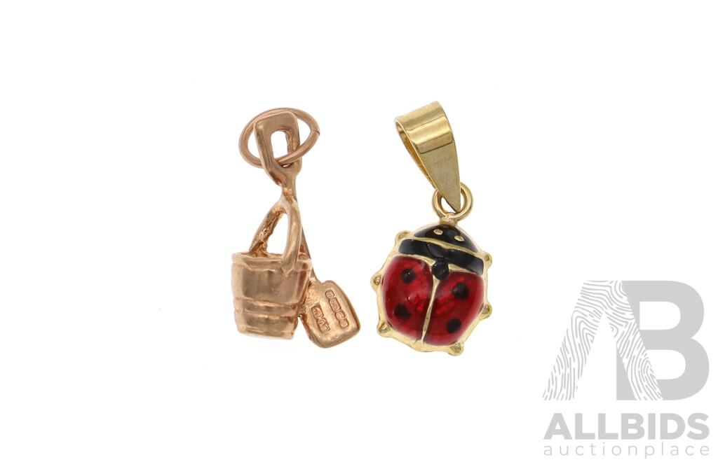 NEW - 9ct Yellow Gold Enamel Lady Beetle Pendant/Charm and 9ct Rose Gold Bucket & Spade Charm, 1.39 Grams