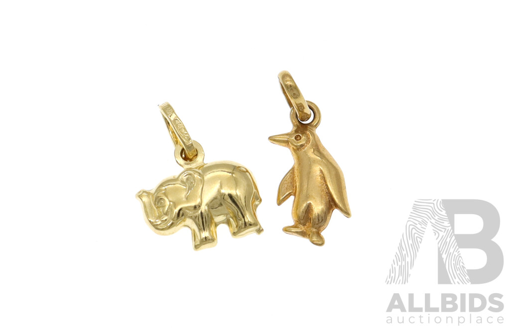 NEW 9ct Yellow Gold Charms - Elephant & Penguin, 1.62 Grams