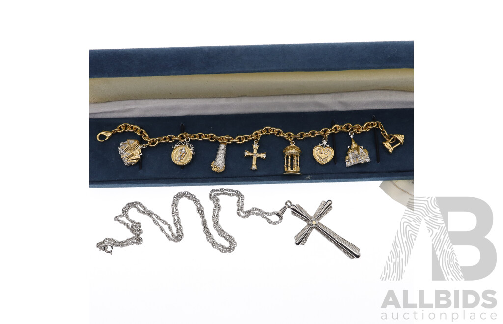 Thomas Kinkade 24KGP Faith & Family Charm Bracelet From Bradford Exchange with Silver Tone Cross Pendant with Lords Prayer Inside