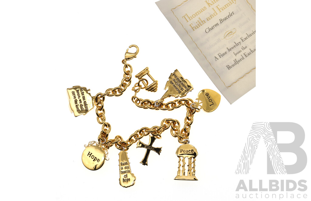 Thomas Kinkade 24KGP Faith & Family Charm Bracelet From Bradford Exchange with Silver Tone Cross Pendant with Lords Prayer Inside