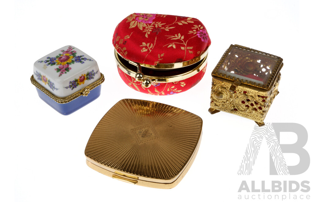 Vintage Trinket Boxes and Vintage Gold Tone Make Up Compact