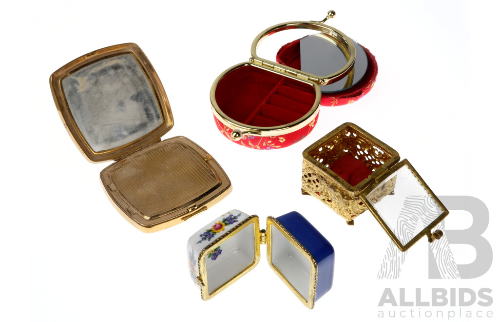 Vintage Trinket Boxes and Vintage Gold Tone Make Up Compact