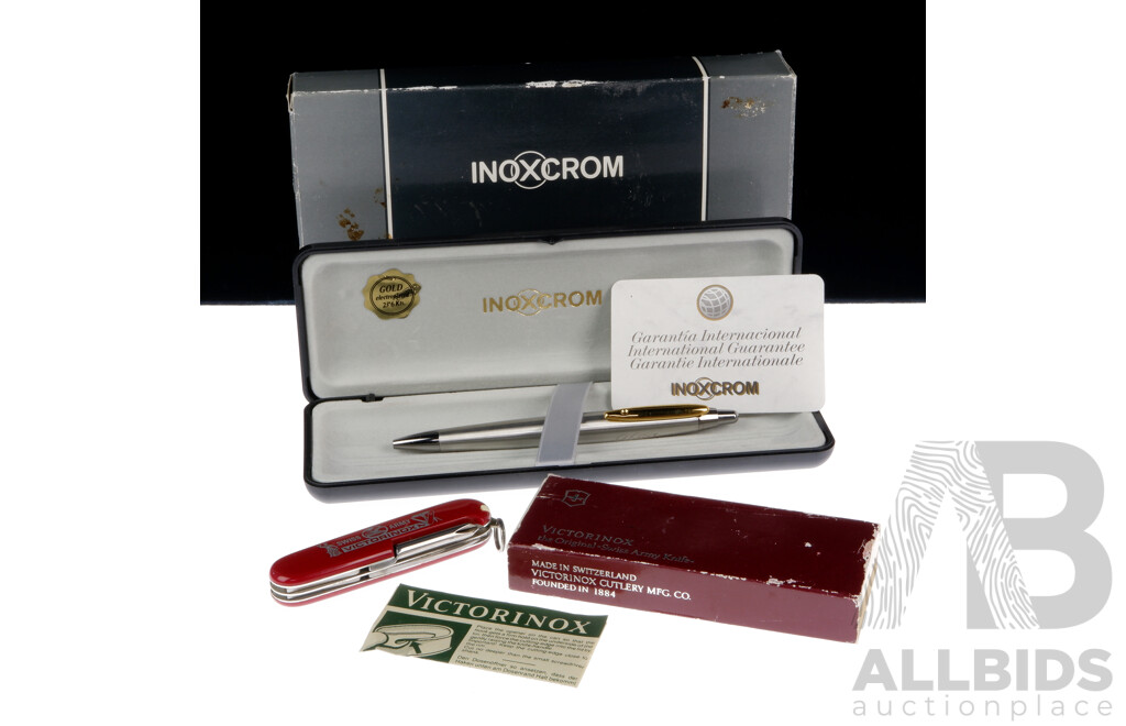 Inoxcrom Executive Ballpoint Pen with Gold Plated Clip and Boxed Victorinox Swiss Army Knife