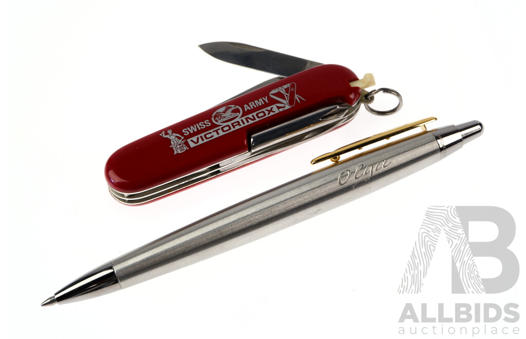 Inoxcrom Executive Ballpoint Pen with Gold Plated Clip and Boxed Victorinox Swiss Army Knife