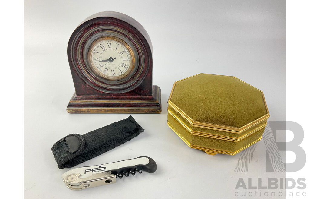 Vintage Timber Look Mantle Clock, Velveteen Jewellery Box and Bottle Opener