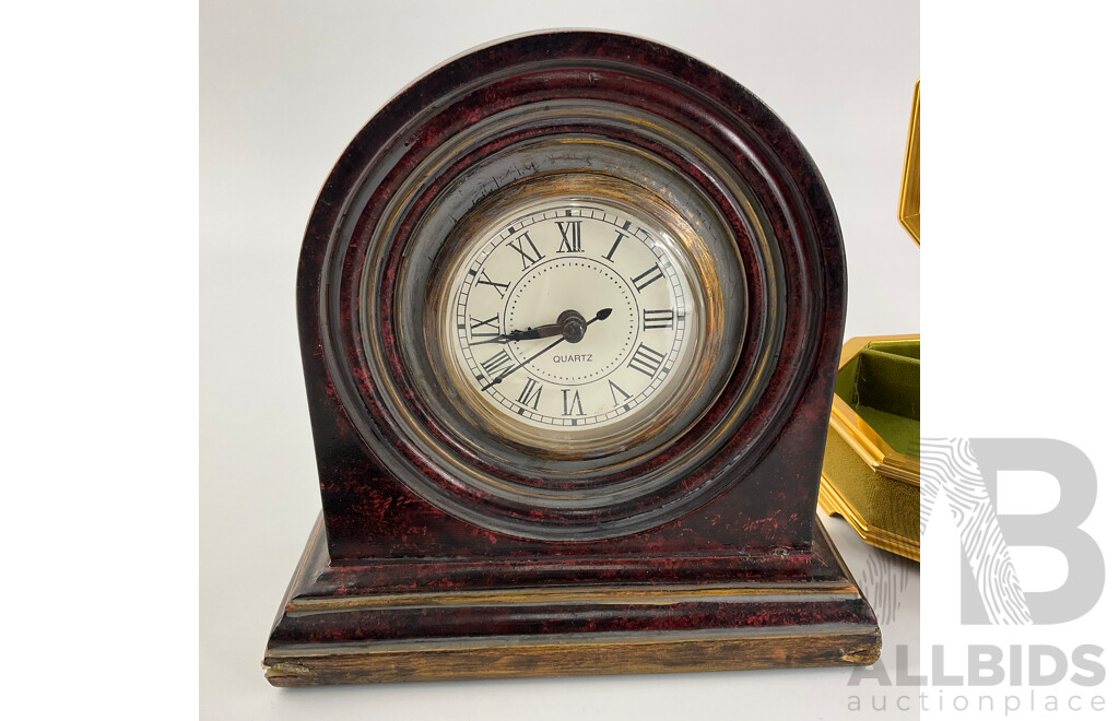 Vintage Timber Look Mantle Clock, Velveteen Jewellery Box and Bottle Opener