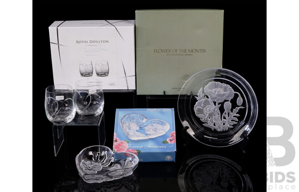 Pair Royal Doulton Promises Two Hearts Entwined Tumblers in Original Box, Walther Glas Heart Shaped Dish and Hoya Crystal Flower Plate in Original Box