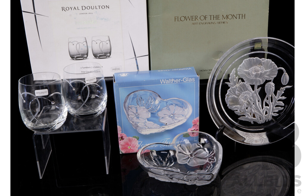 Pair Royal Doulton Promises Two Hearts Entwined Tumblers in Original Box, Walther Glas Heart Shaped Dish and Hoya Crystal Flower Plate in Original Box