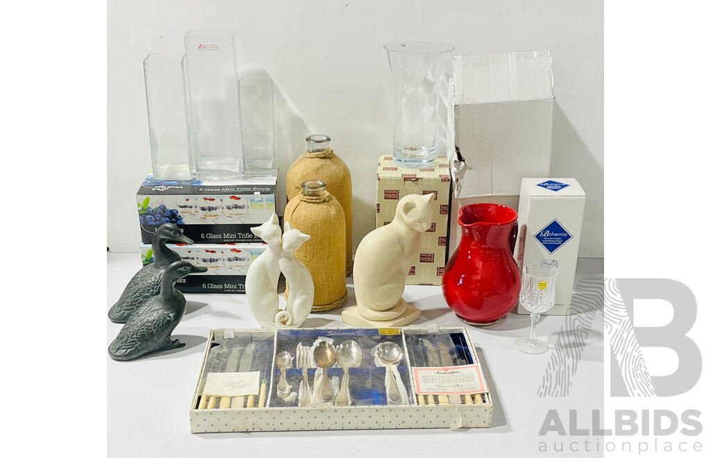 Large Collection of Glass and Other Homeware Including Composite Cat Sculpture, Several Items of Stemware, Grosvenor Stainless Steel Cutlery Set and Much More