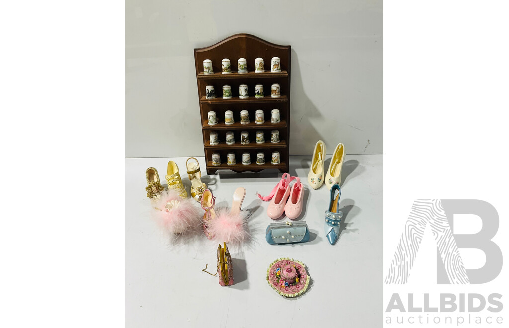 Collection of Miniature Shoes, Porcelain Thimbles, Wooden Display Shelf and More