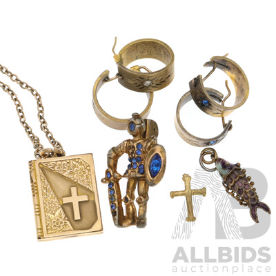 Vintage 1/10 9ct Gold Filled Bible Locket on 45cm Chain with Vintage Brooch, (2) Pairs Gold Plated Gypsy Earrings and Charms