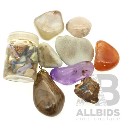 Small 35mm Vial of Natural Opal Pieces with Vibrant Colour and Small Bag of Other Polished Gemstones