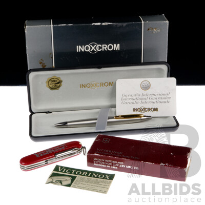 Inoxcrom Executive Ballpoint Pen with Gold Plated Clip and Boxed Victorinox Swiss Army Knife