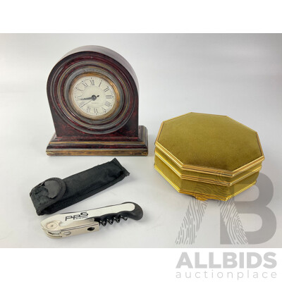 Vintage Timber Look Mantle Clock, Velveteen Jewellery Box and Bottle Opener