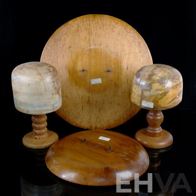 Two Vintage German Milliners Hat Blocks on Stands Along with 18 Inch Brim Board and 14 Inch Mushroom Brim Block