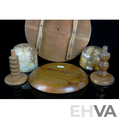 Two Vintage German Milliners Hat Blocks on Stands Along with 18 Inch Brim Board and 14 Inch Mushroom Brim Block