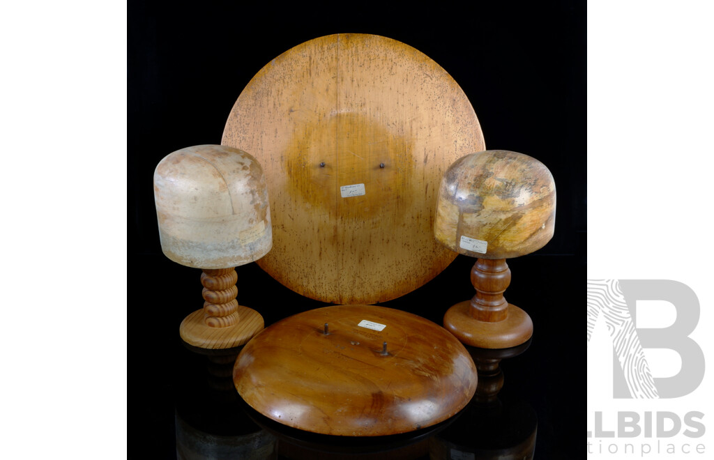 Two Vintage German Milliners Hat Blocks on Stands Along with 18 Inch Brim Board and 14 Inch Mushroom Brim Block