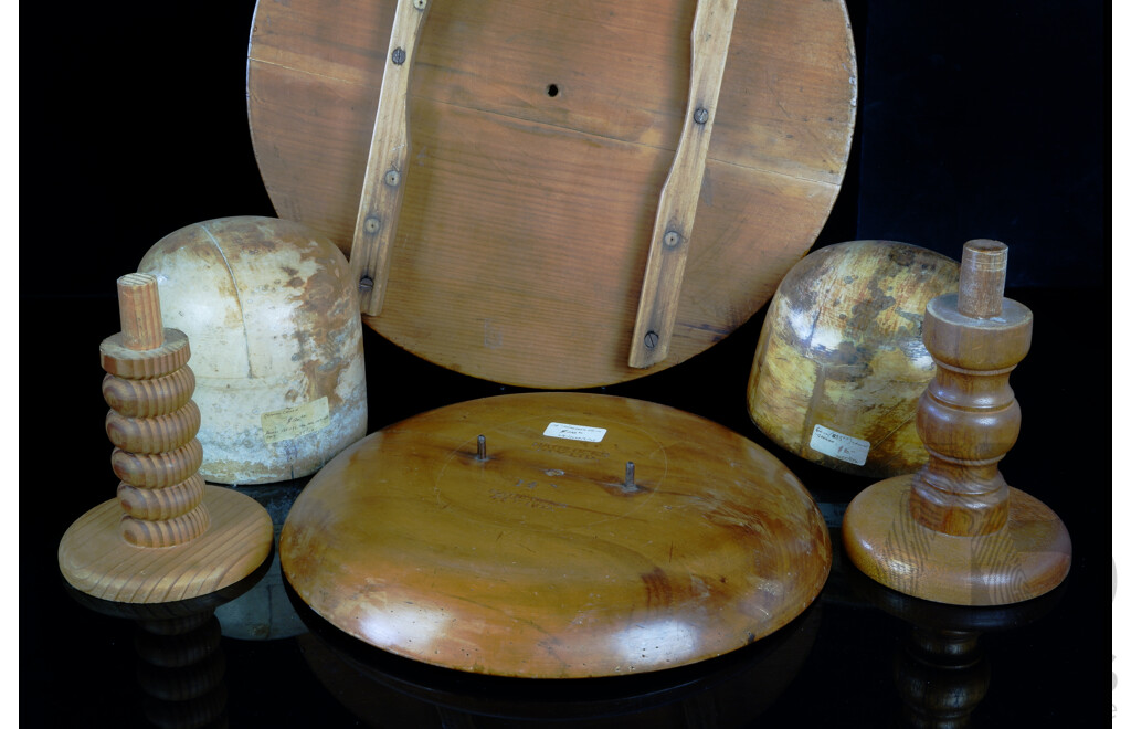 Two Vintage German Milliners Hat Blocks on Stands Along with 18 Inch Brim Board and 14 Inch Mushroom Brim Block