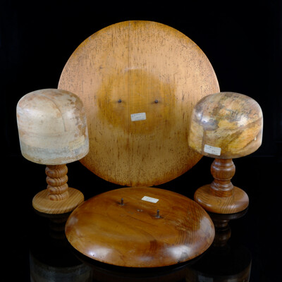 Two Vintage German Milliners Hat Blocks on Stands Along with 18 Inch Brim Board and 14 Inch Mushroom Brim Block