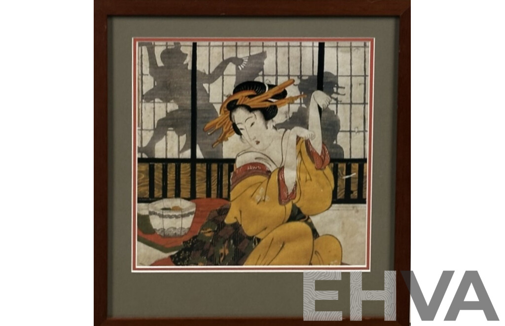 Eisan (Japanese, 1790-1848), Geisha Playing Kitsune-ken, (c19 Century), Reproduction Print of Woodblock Print, 42 x 39 cm (frame)