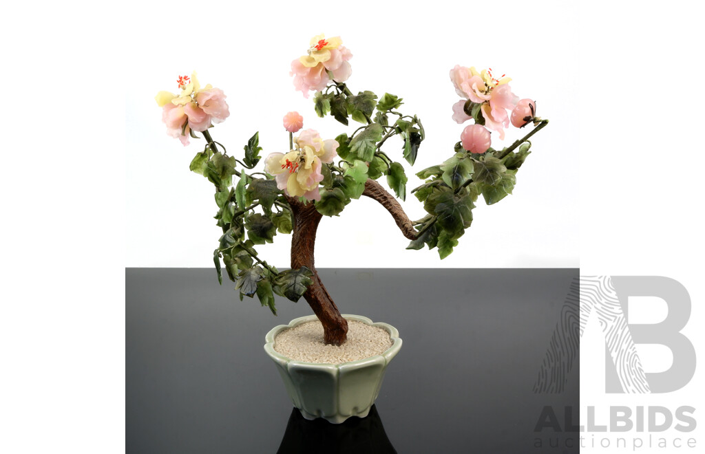 Large Chinese Potted Tree in Celadon Pot with Coloured Glass Petals and Leaves