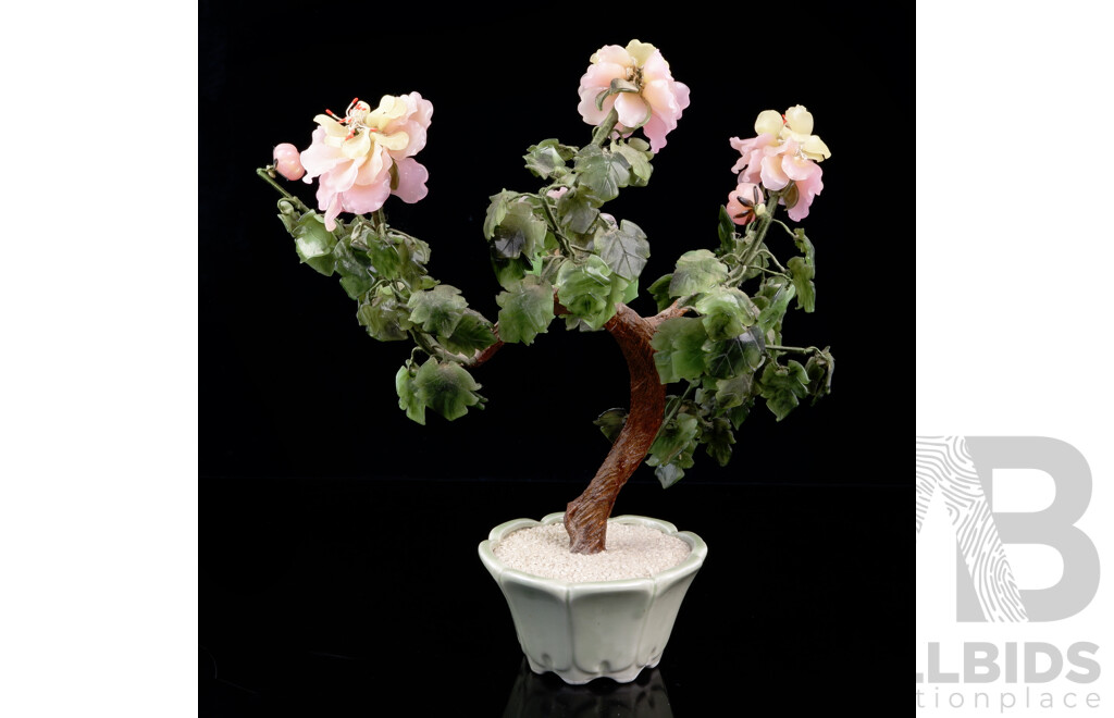 Large Chinese Potted Tree in Celadon Pot with Coloured Glass Petals and Leaves