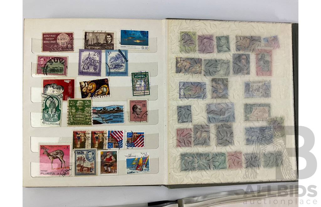 Two Albums of International Cancelled Stamps Including Australian and New Zealand Predecimal and Decimal, Red and Blue Harbour Bridge, Official Service, KGV, KGVI, QE2, USA, FIJI and More