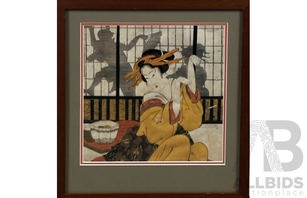 Eisan (Japanese, 1790-1848), Geisha Playing Kitsune-ken, (c19 Century), Reproduction Print of Woodblock Print, 42 x 39 cm (frame)