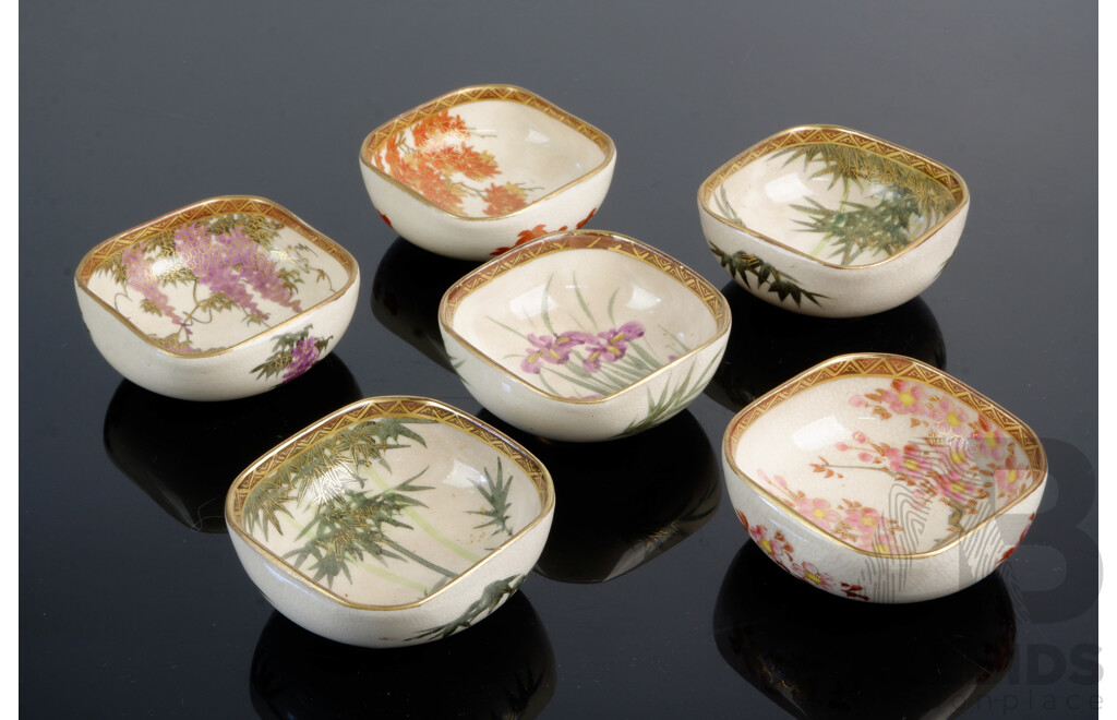 Set Six Japanese Satsuma Porcelain Dishes with Floral Motif