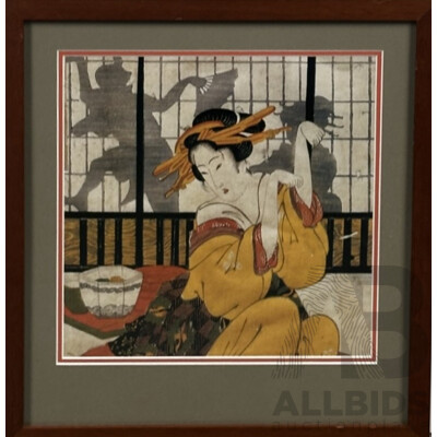 Eisan (Japanese, 1790-1848), Geisha Playing Kitsune-ken, (c19 Century), Reproduction Print of Woodblock Print, 42 x 39 cm (frame)