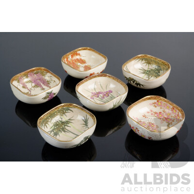 Set Six Japanese Satsuma Porcelain Dishes with Floral Motif