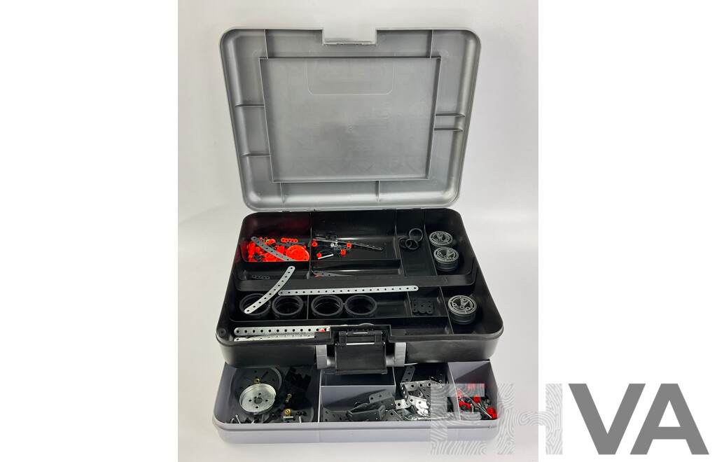 Moccano Box with Moccano Electric Motor, Pulleys, Wheels Etc