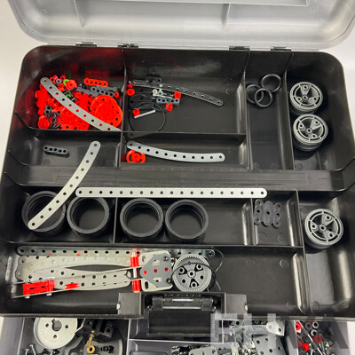 Moccano Box with Moccano Electric Motor, Pulleys, Wheels Etc