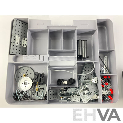 Moccano Box with Moccano Electric Motor, Pulleys, Wheels Etc